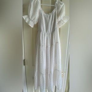 Square Neck Puff Sleeve Boho Midi Dress Swiss Dot Ruffle Flowy Tie Back Dress